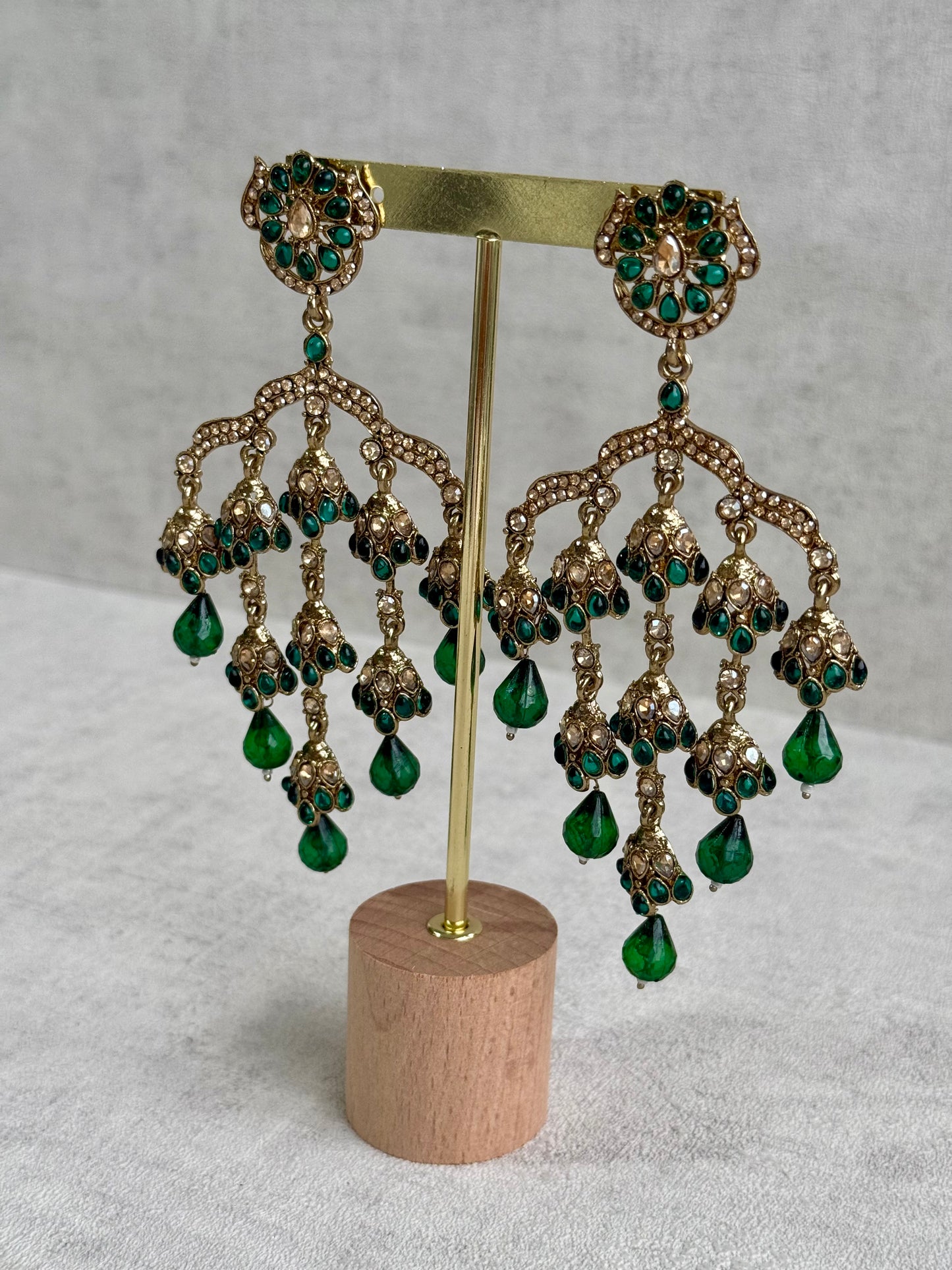 Ayura Designs Jasmine Earrings – Chandelier Earrings with Emerald Green Beads & Antique Gold Detailing