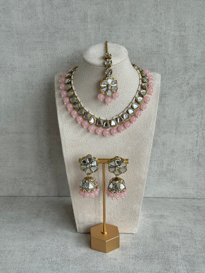 Ayura Designs Mishal Set with Jhumkis & Tikka – Blush Pink Beads & Mirror-Cut Stones