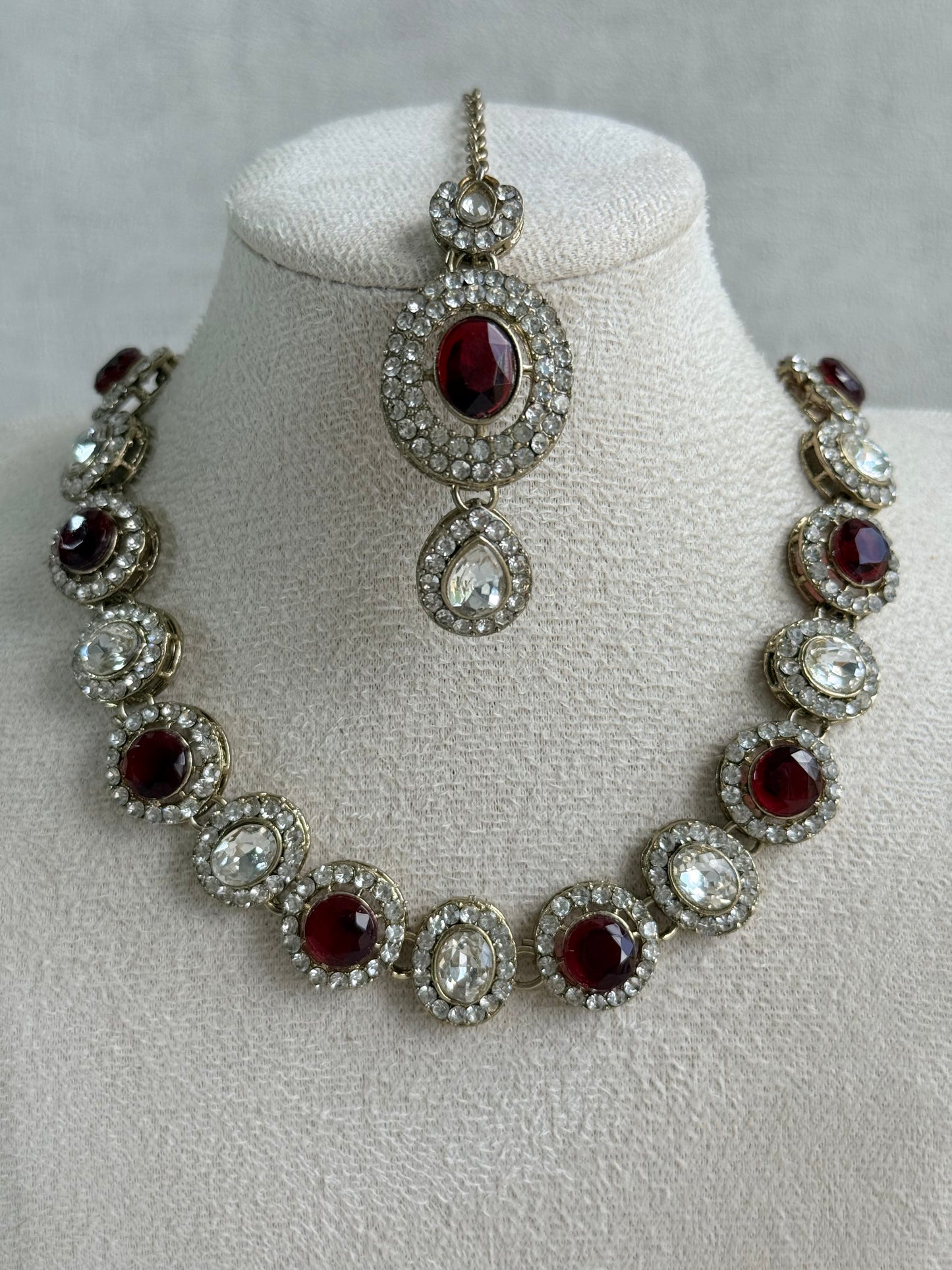 Ayura Designs Eira Necklace Set with Earrings & Tikka – Ruby Red & Crystal Stones with Antique Gold Finish