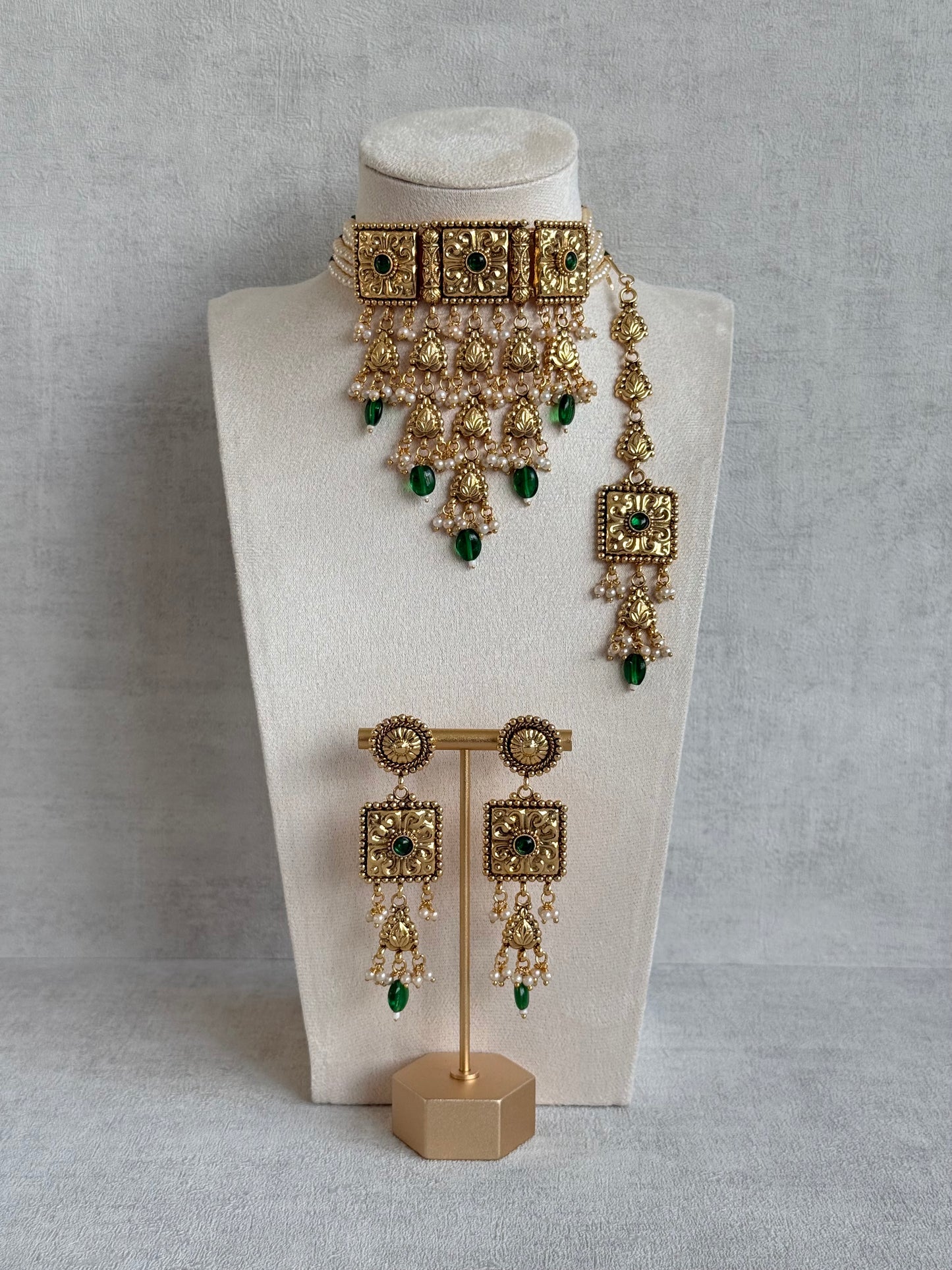 Ayura Designs Nimrah Choker Set with Earrings & Tikka – Emerald Green Gold Tone Waterfall Jewellery Set
