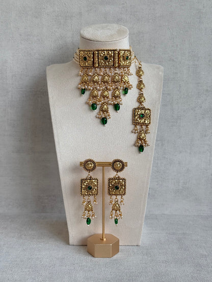 Ayura Designs Nimrah Choker Set with Earrings & Tikka – Emerald Green Gold Tone Waterfall Jewellery Set