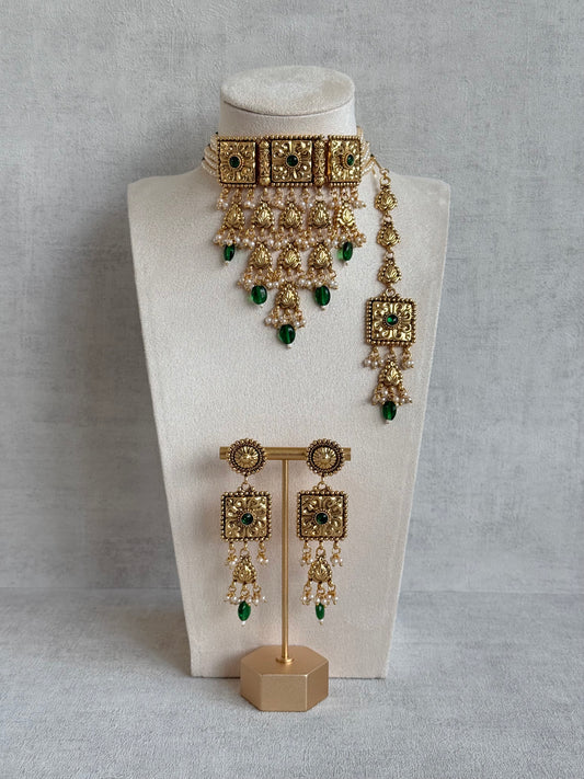 Ayura Designs Nimrah Choker Set with Earrings & Tikka – Emerald Green Gold Tone Waterfall Jewellery Set