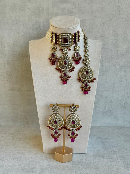 Ayura Designs Zarmeen Choker Set with Earrings & Tikka – Mirror-Cut Stones, Antique Gold Finish and Magenta Beads