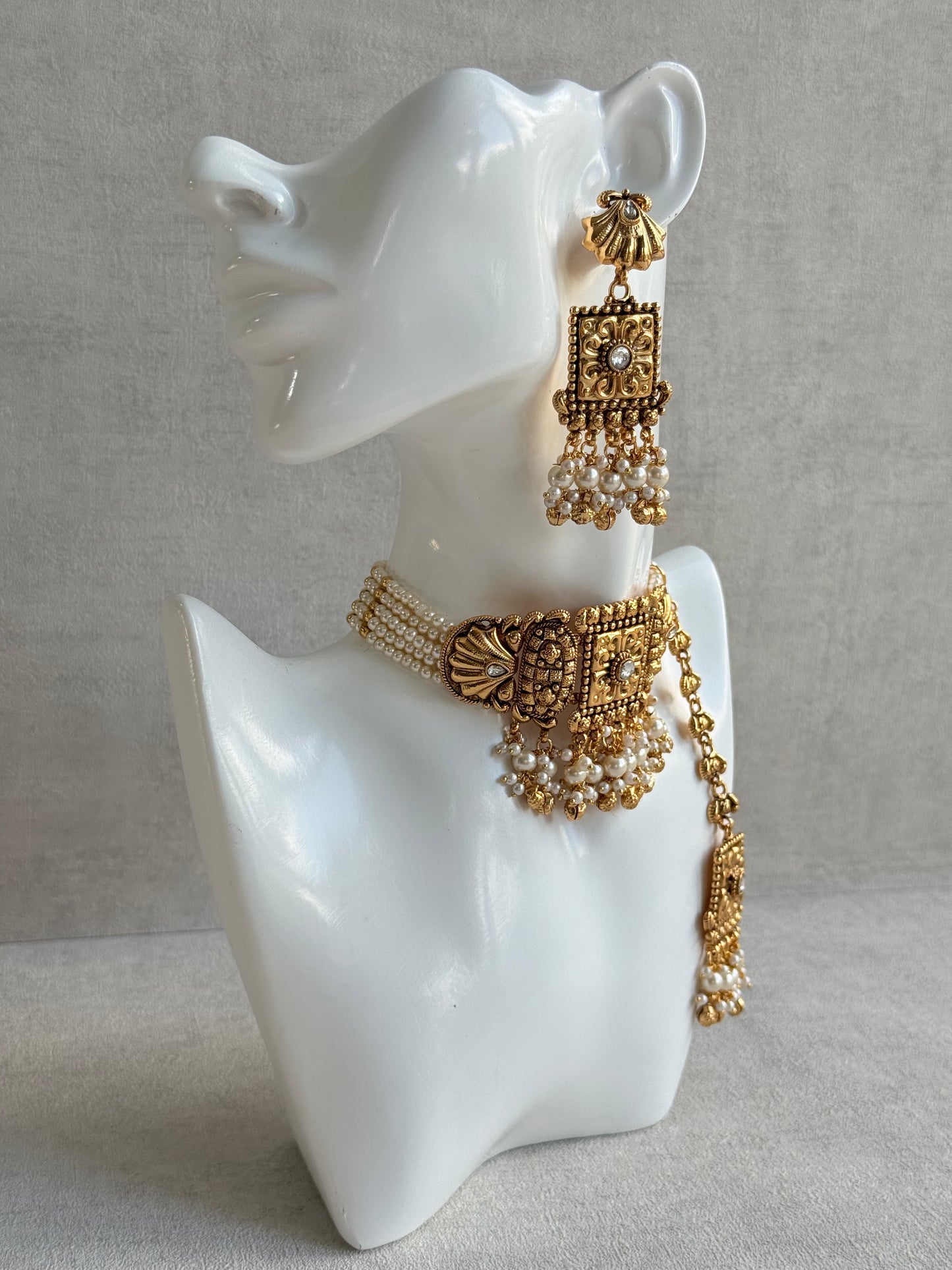 Ayura Designs Nabila Choker Set with Earrings & Tikka – Antique Gold Finish, Sea Shell Detailing, Pearls & Ghungroos