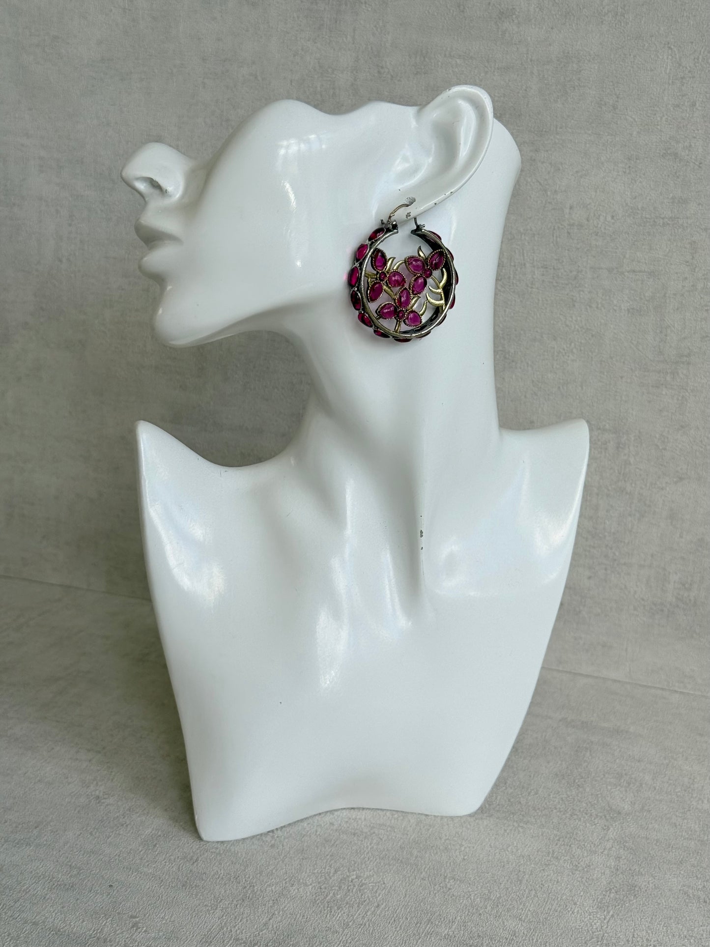 Ayura Designs Nureh Earrings – Dual Tone Floral Hoop Earrings with Ruby Pink Stones & Cutwork Detailing