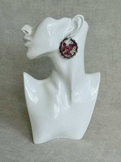 Ayura Designs Nureh Earrings – Dual Tone Floral Hoop Earrings with Ruby Pink Stones & Cutwork Detailing