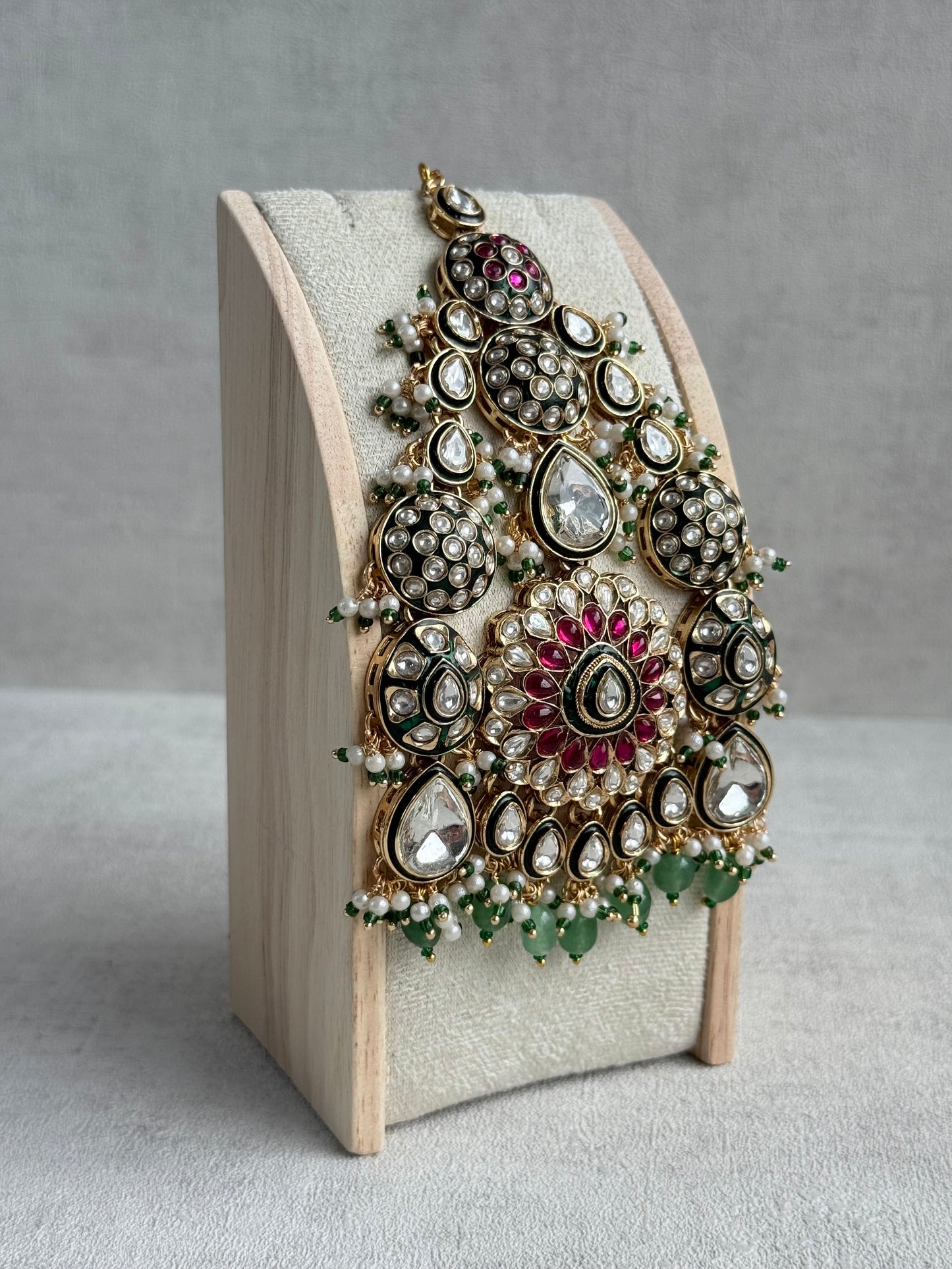 Ayura Designs Zoha Jhoomar Passa – Polki Kundan with Ruby Pink Floral Centre, Emerald Green Drops & Pearl Detailing