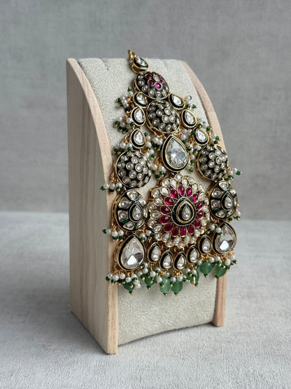 Ayura Designs Zoha Jhoomar Passa – Polki Kundan with Ruby Pink Floral Centre, Emerald Green Drops & Pearl Detailing