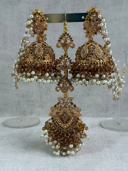 Ayura Designs Noor Set – Choker, Jhumkis with Sahare & Tikka in Champagne Gold with Pearl Detailing