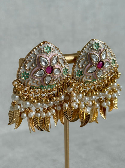 Ayura Designs Rozina Earrings – Floral Meenakari Earrings with Ruby Pink Centre Stone, Pearl Clusters & Gold Leaf Charms
