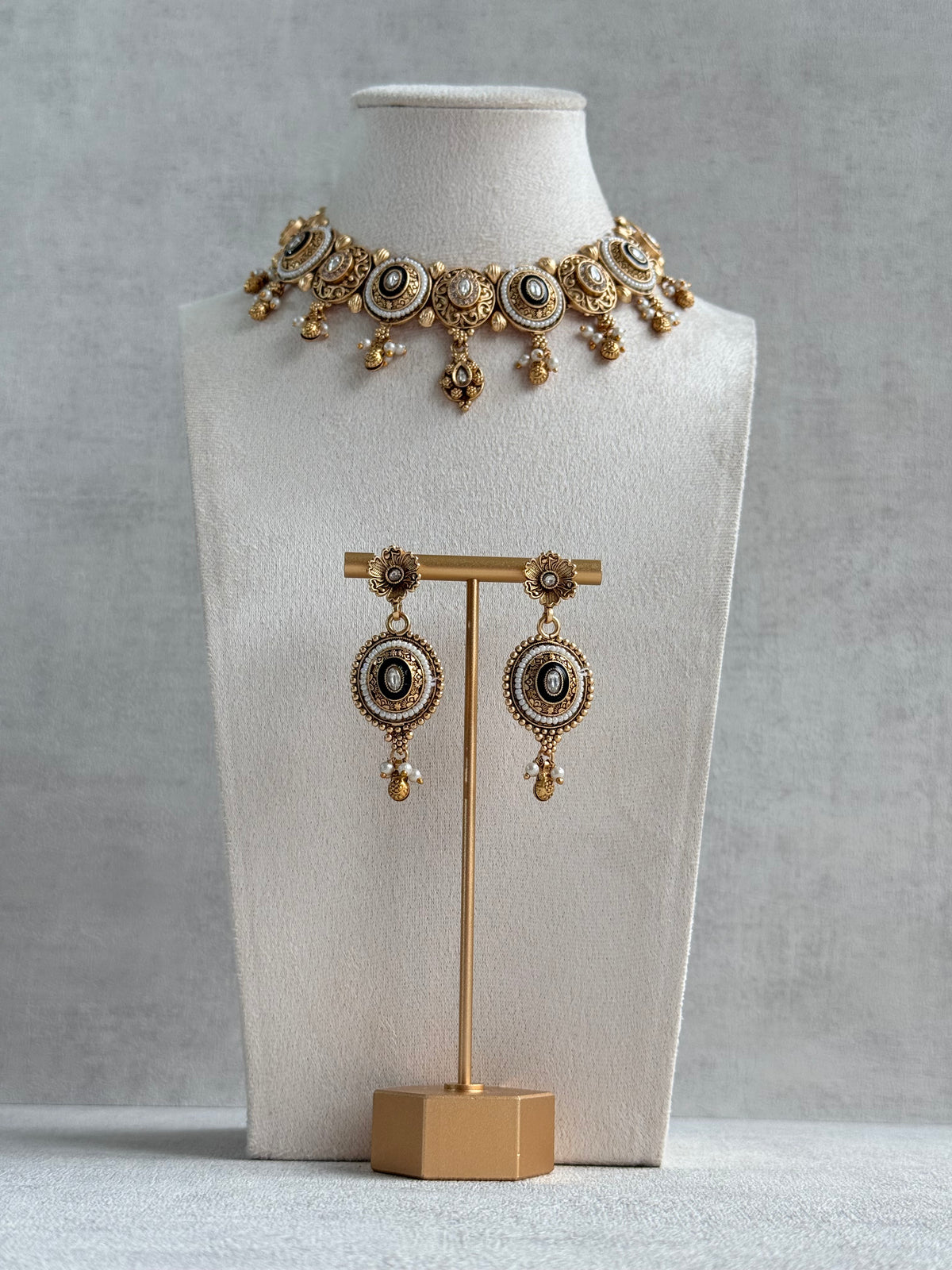 Ayura Designs Livia Necklace Set with Earrings – Green Enamel, Kundan & Pearl Detailing in Antique Gold Finish