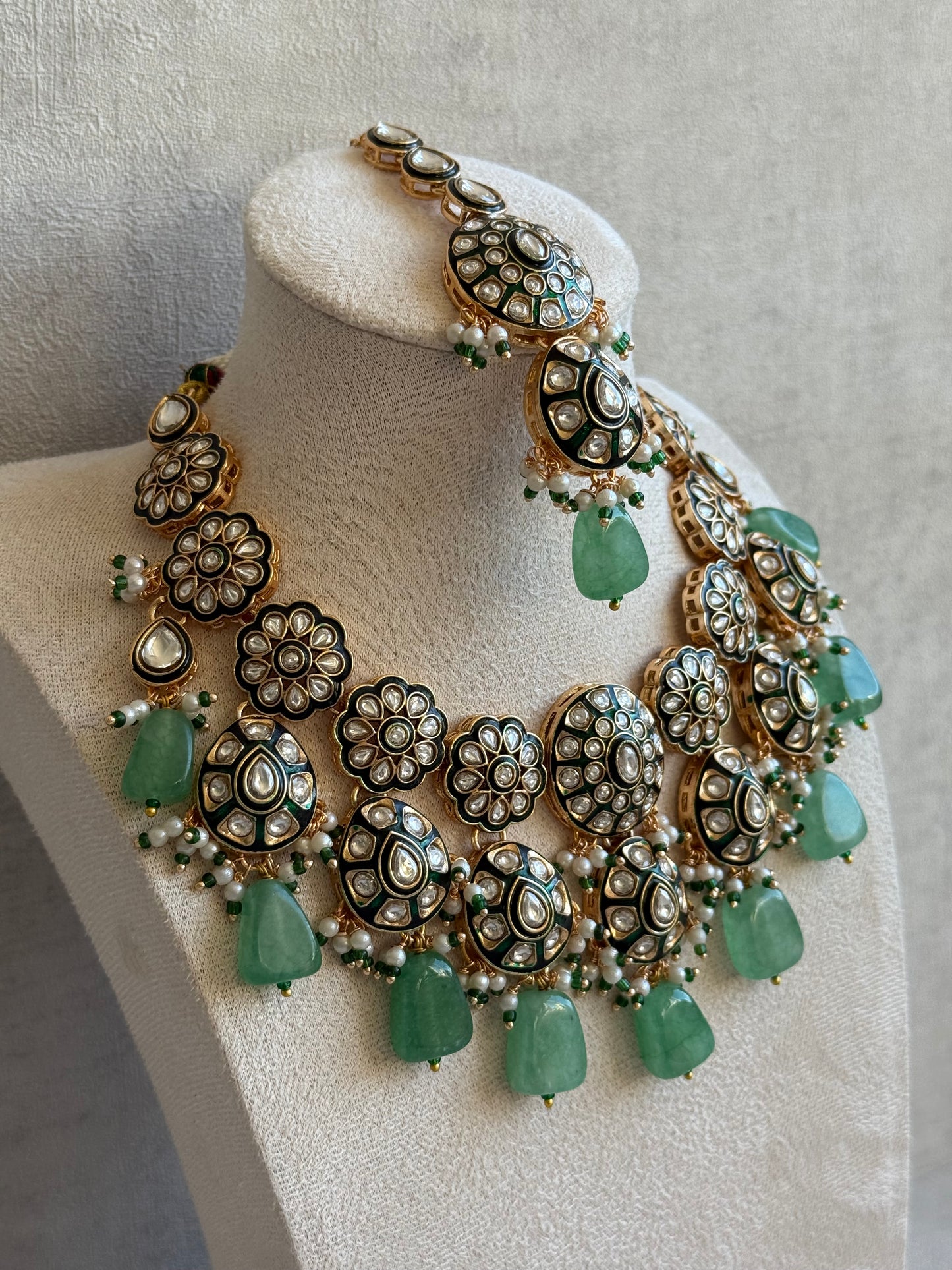 Ayura Designs Sumaira Set with Passa – Necklace, Earrings, Tikka & Passa with Kundan, Green Meenakari Detailing & Jade Green Drops