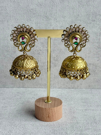 Ayura Designs Moraya Jhumkis – Blush Pink Peacock Motif with Antique Gold Detailing