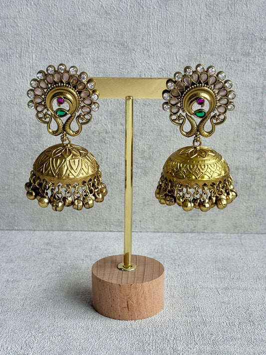 Ayura Designs Moraya Jhumkis – Blush Pink Peacock Motif with Antique Gold Detailing