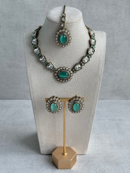 Ayura Designs Inza Necklace Set – Aqua Green Stones, Kundan & Crystals with Antique Gold Finish