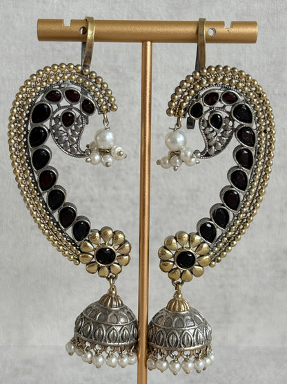 Ayura Designs Koyal Jhumkis – Oxidised Dual Tone Ear Climber Jhumkis with Black Kundan & Pearl Detailing