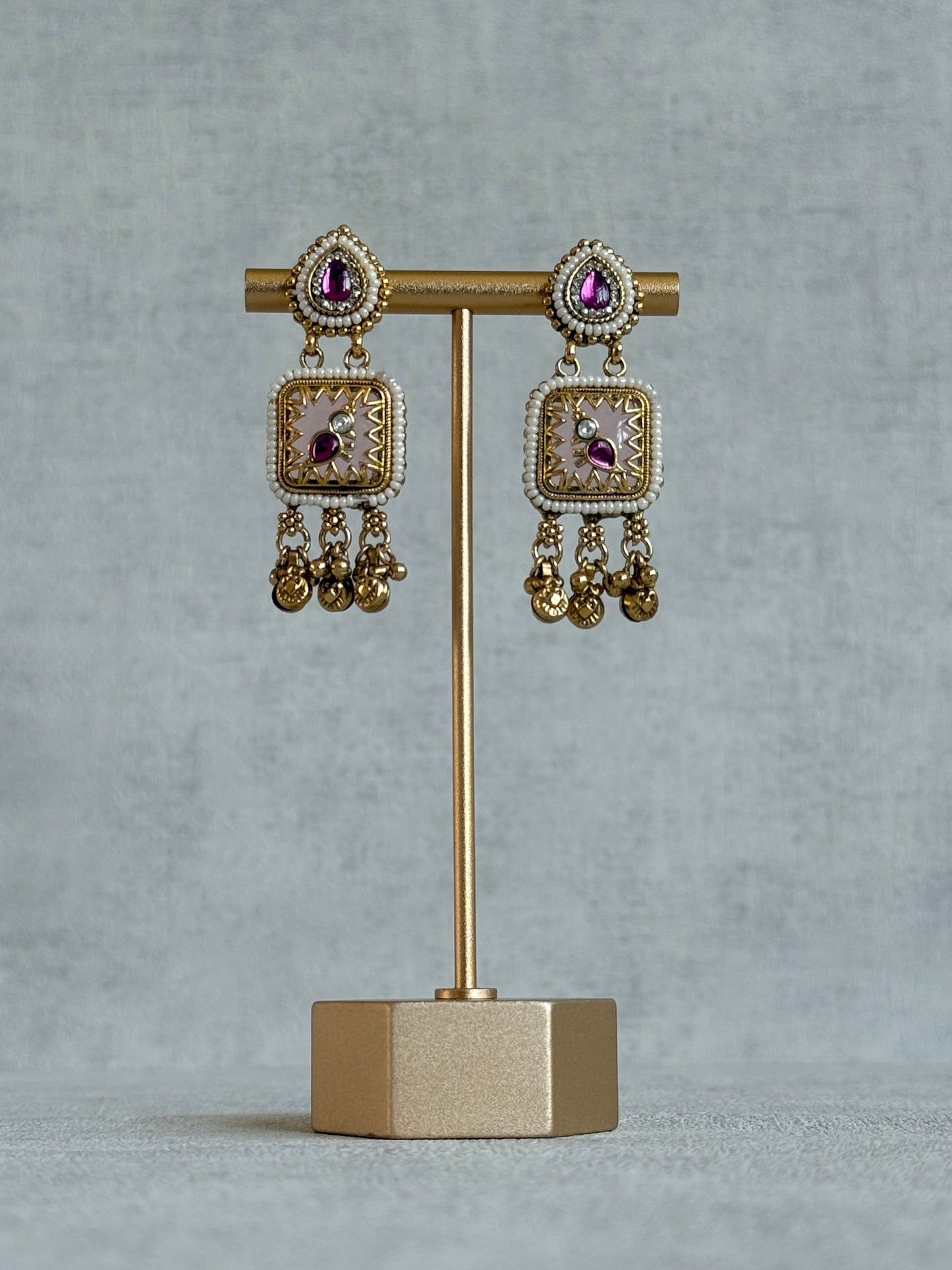 Ayura Designs Inira Drop Earrings – Blush Pink Enamel Bird Earrings with Rani Pink Kundan & Ghungroo Drops