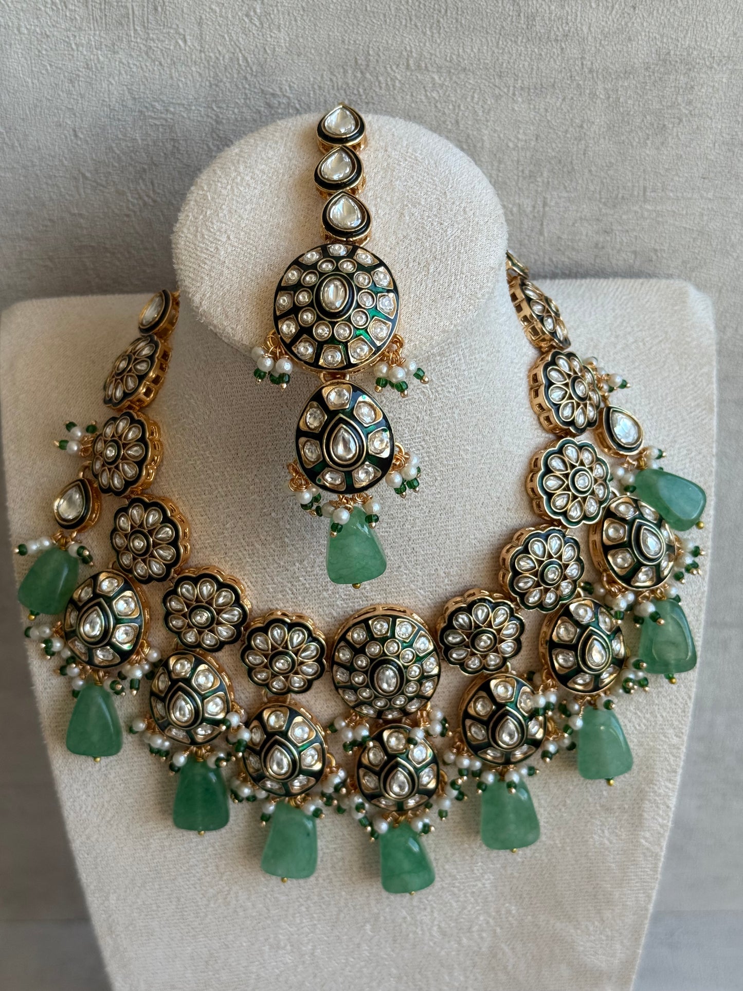 Ayura Designs Sumaira Set with Passa – Necklace, Earrings, Tikka & Passa with Kundan, Green Meenakari Detailing & Jade Green Drops