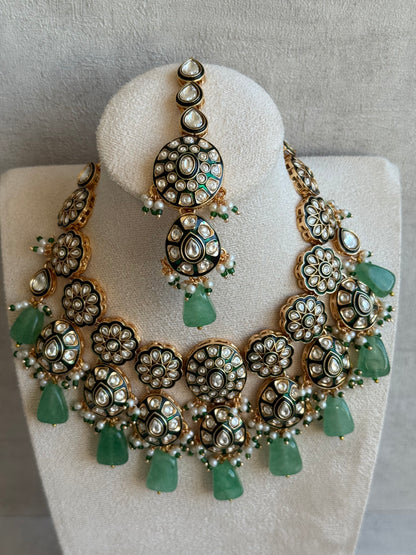 Ayura Designs Sumaira Set with Passa – Necklace, Earrings, Tikka & Passa with Kundan, Green Meenakari Detailing & Jade Green Drops