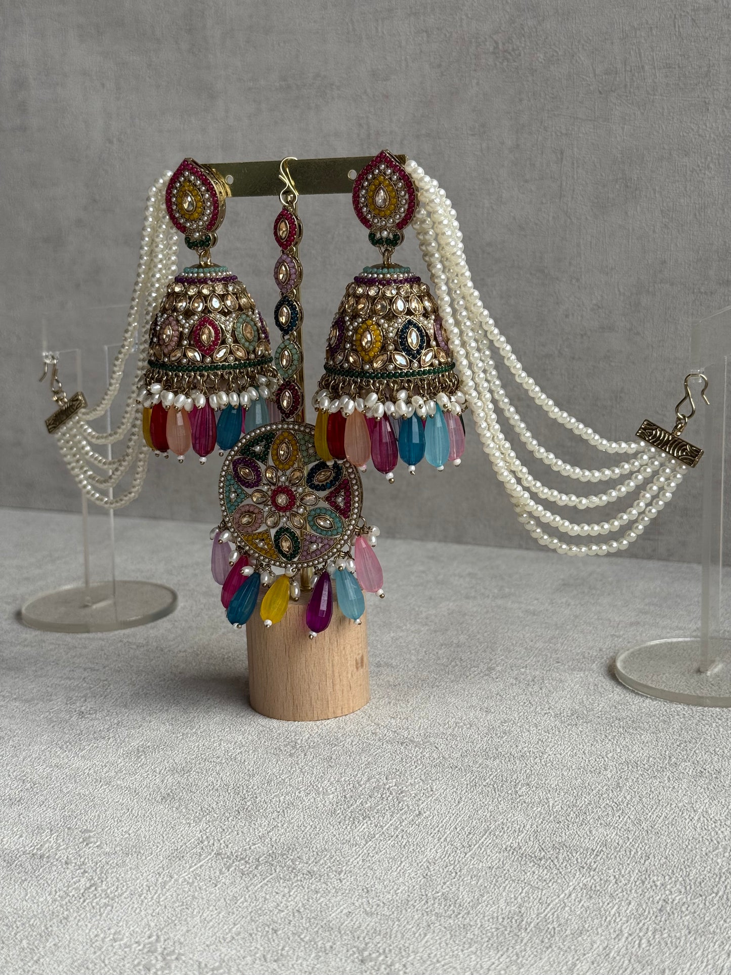 Ayura Designs Amrita Set – Jhumkis with Sahare & Tikka in Multicolour Beads, Pearls and Antique Gold Finish