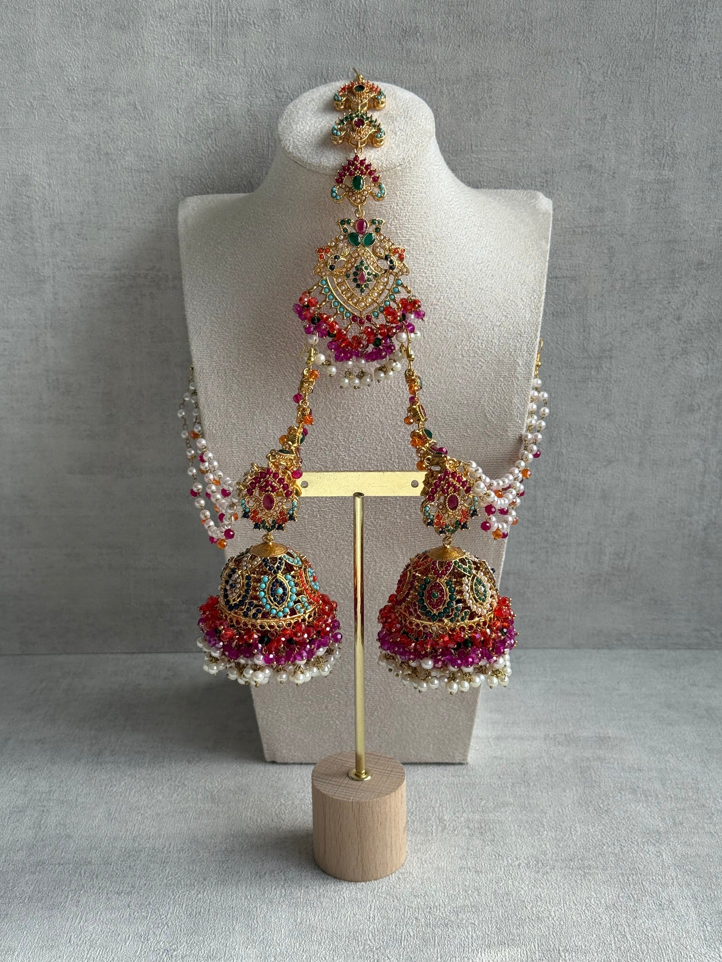 Ayura Designs Safia Tikka Set with Sahare Earrings – Multicolour (Orange, Pink & Ivory Beads)