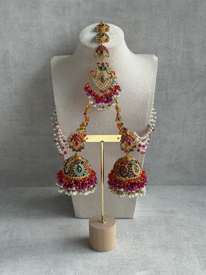 Ayura Designs Safia Tikka Set with Sahare Earrings – Multicolour (Orange, Pink & Ivory Beads)