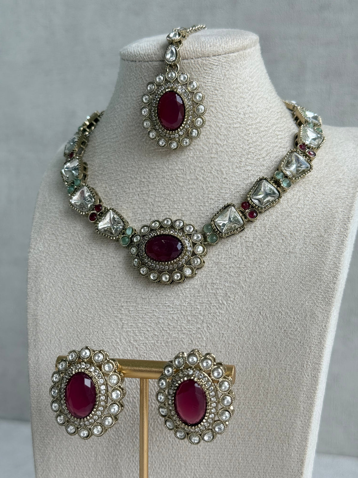 Ayura Designs Inza Necklace Set – Rani Pink & Mint Green Stones, Kundan & Crystals with Antique Gold Finish