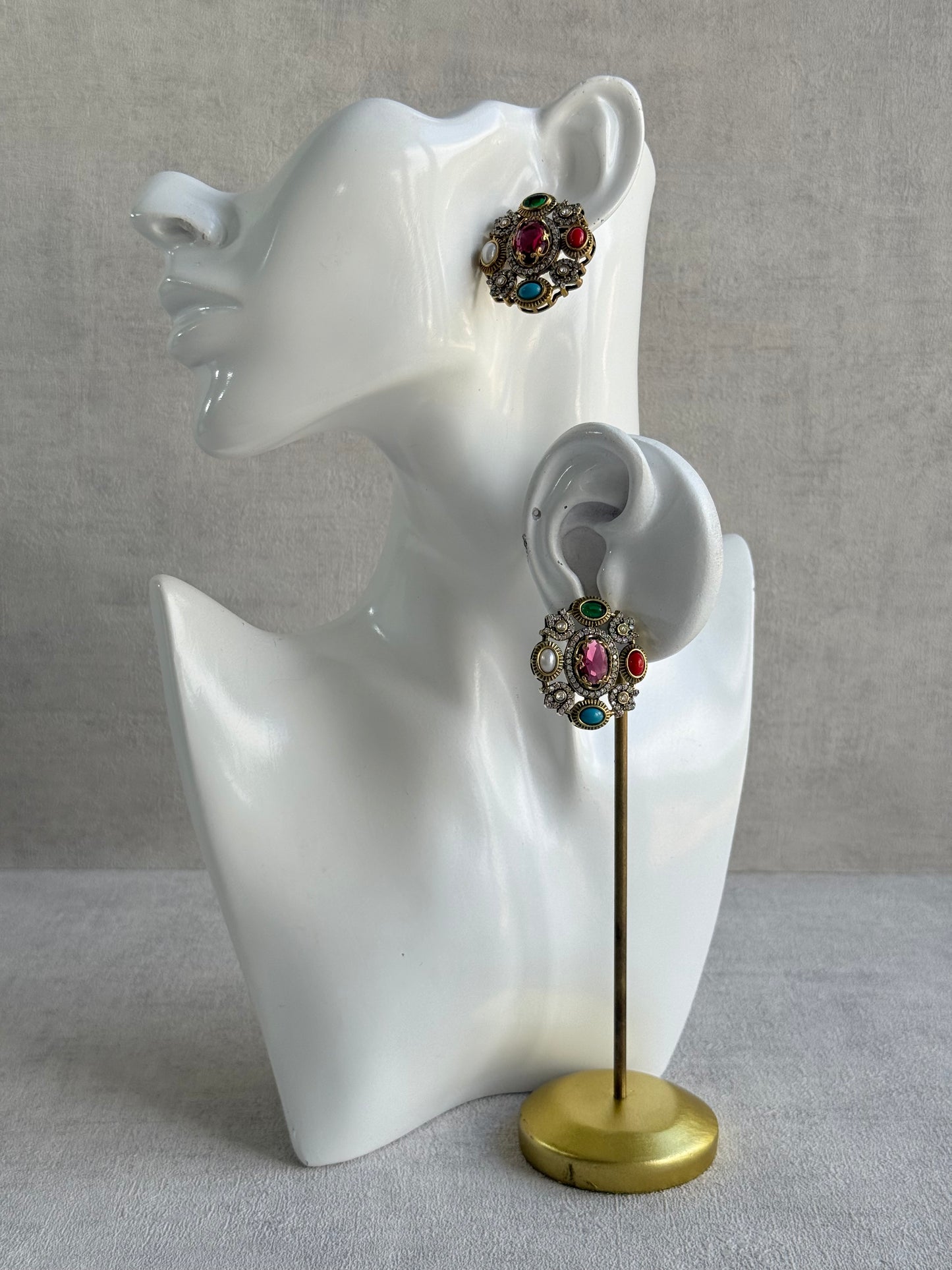 Ayura Designs Celia Stud Earrings – Rani Pink & Multicolour Stones with Gold Finish