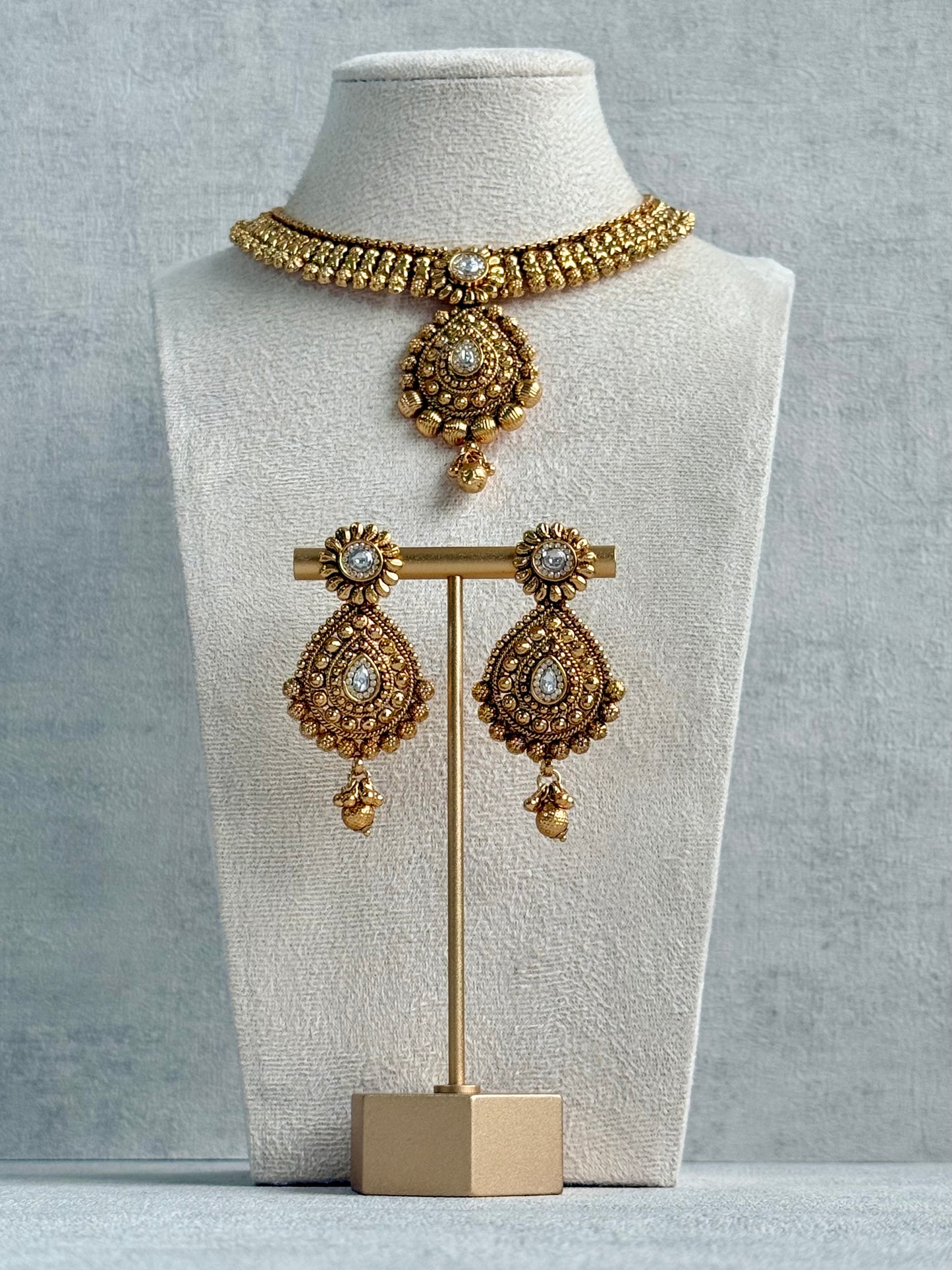 Ayura Designs Ayma Necklace Set with Earrings – Antique Gold Finish with All-Crystal Detailing