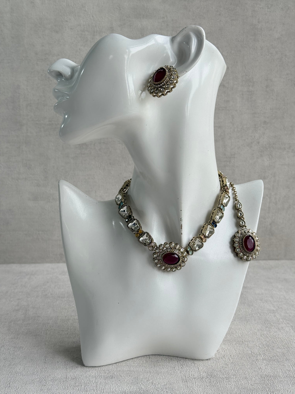 Ayura Designs Inza Necklace Set – Rani Pink, Multicolour Stones, Kundan & Crystals with Antique Gold Finish