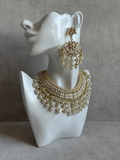 Ayura Designs Fakhra Set with Necklace, Earrings & Tikka – Mirror-Cut Stones, Pearl Detailing & Gold Finish