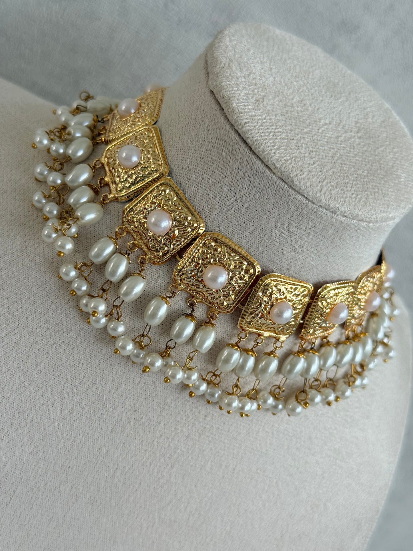 Ayura Designs Chetna Choker Set with Earrings & Tikka – Ivory Pearl Beads & Pearl Drops with Pipal Patti Detailing