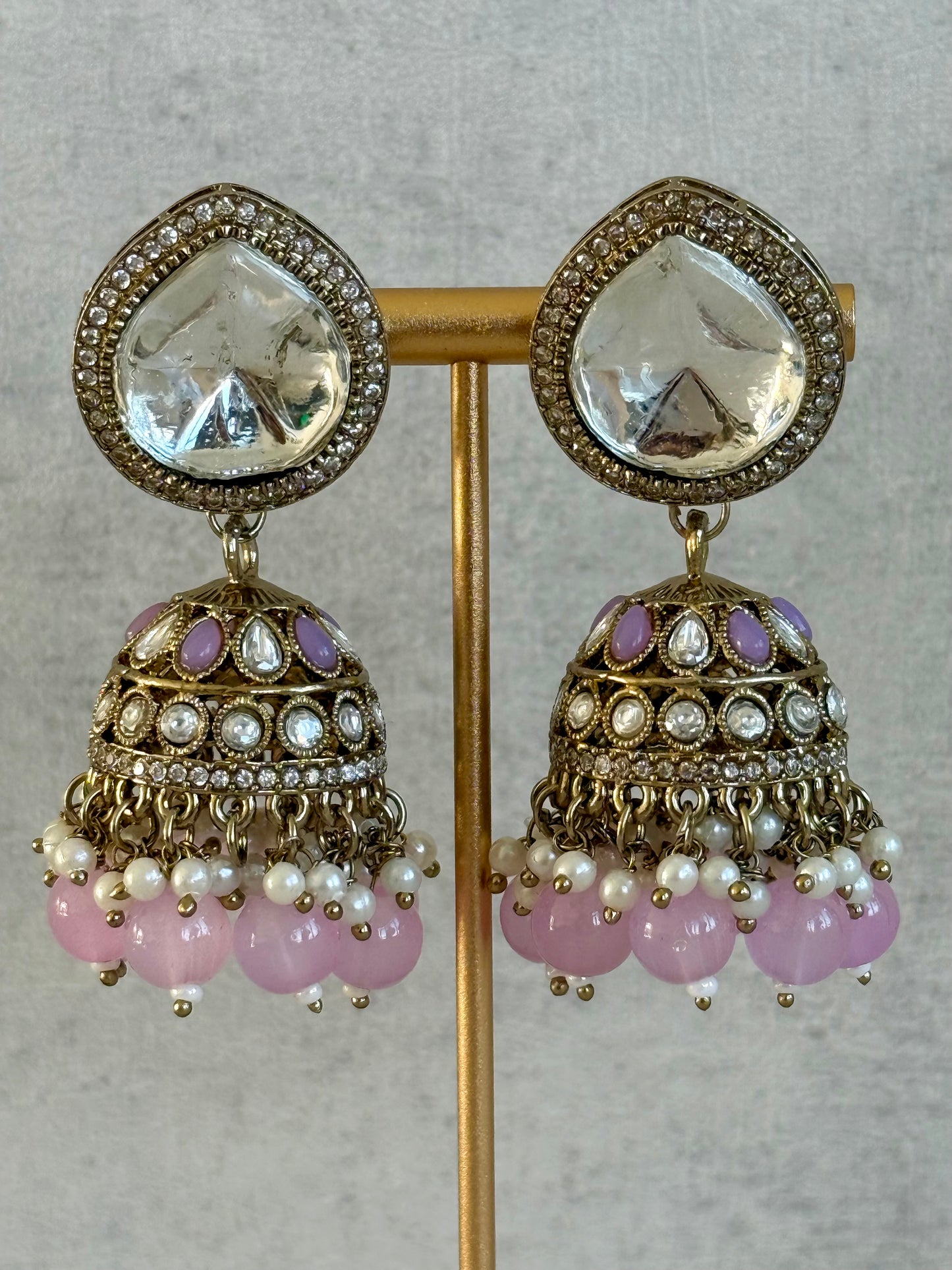 Ayura Designs Brielle Set – Necklace & Jhumkis with Mirror-Cut Stones, Dual-Tone Lilac & Ivory Beads