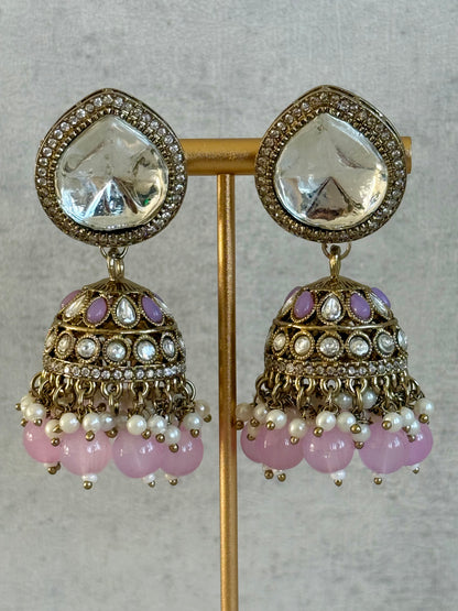 Ayura Designs Brielle Set – Necklace & Jhumkis with Mirror-Cut Stones, Dual-Tone Lilac & Ivory Beads