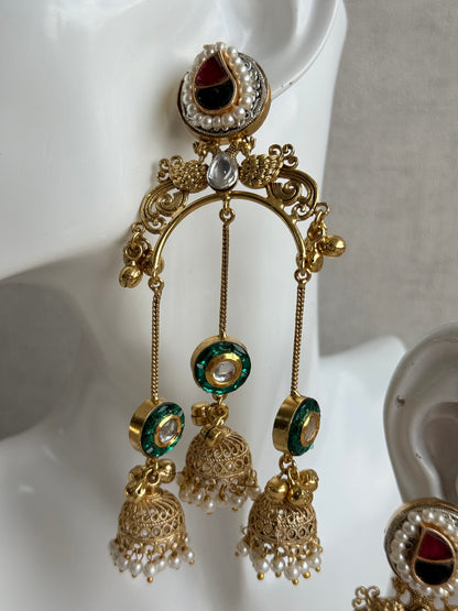 Ayura Designs Arzina Earrings – Triple Jhumki Earrings with Emerald Green Stones, Pearl Borders & Gold Detailing