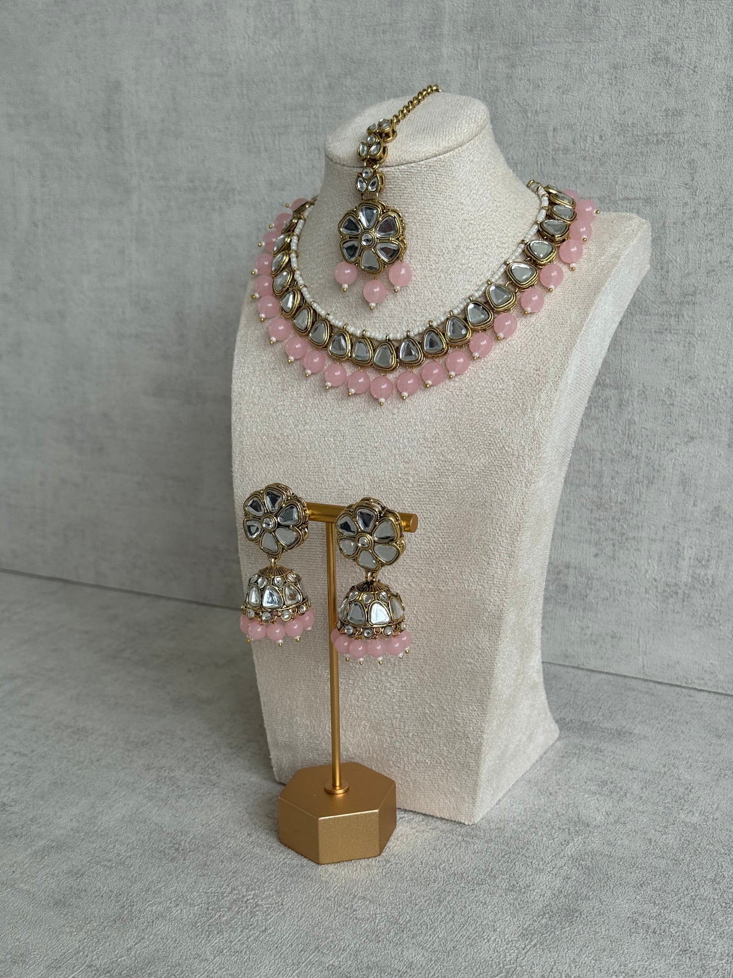 Ayura Designs Mishal Set with Jhumkis & Tikka – Blush Pink Beads & Mirror-Cut Stones