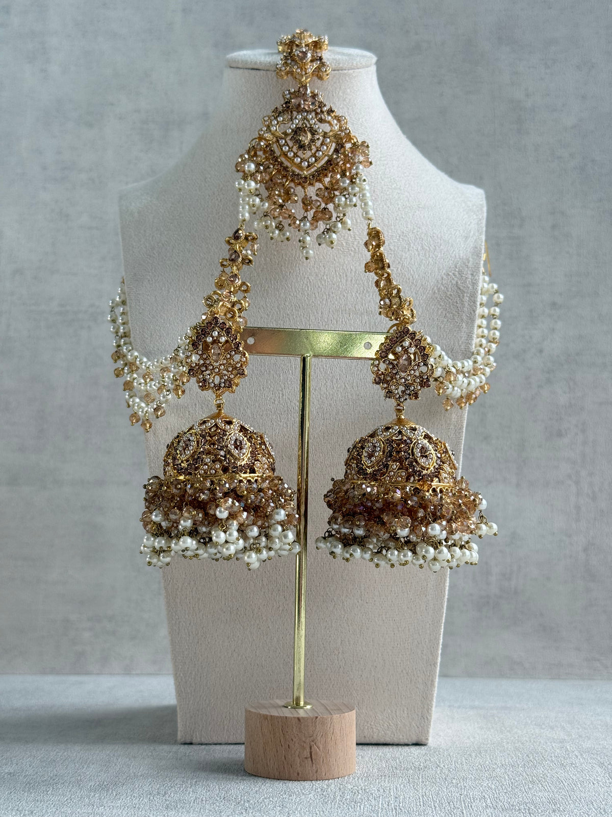 Ayura Designs Safia Tikka Set with Sahare Earrings – Champagne Gold Beads & Pearls