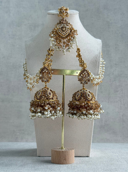 Ayura Designs Safia Tikka Set with Sahare Earrings – Champagne Gold Beads & Pearls