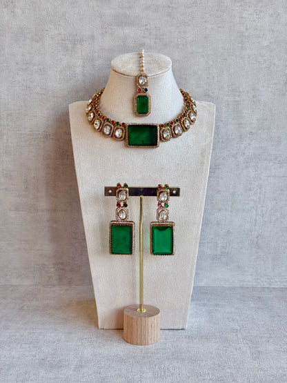 Ayura Designs Clara Set with Earrings & Tikka Emerald Green Moissanite Stones and Antique Gold Finish