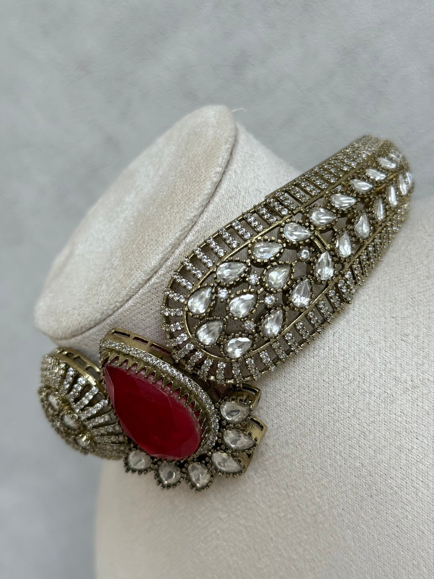 Ayura Designs Ziva Choker Set with Earrings – Ruby Red Teardrop Stone with Moissanite Style Detailing