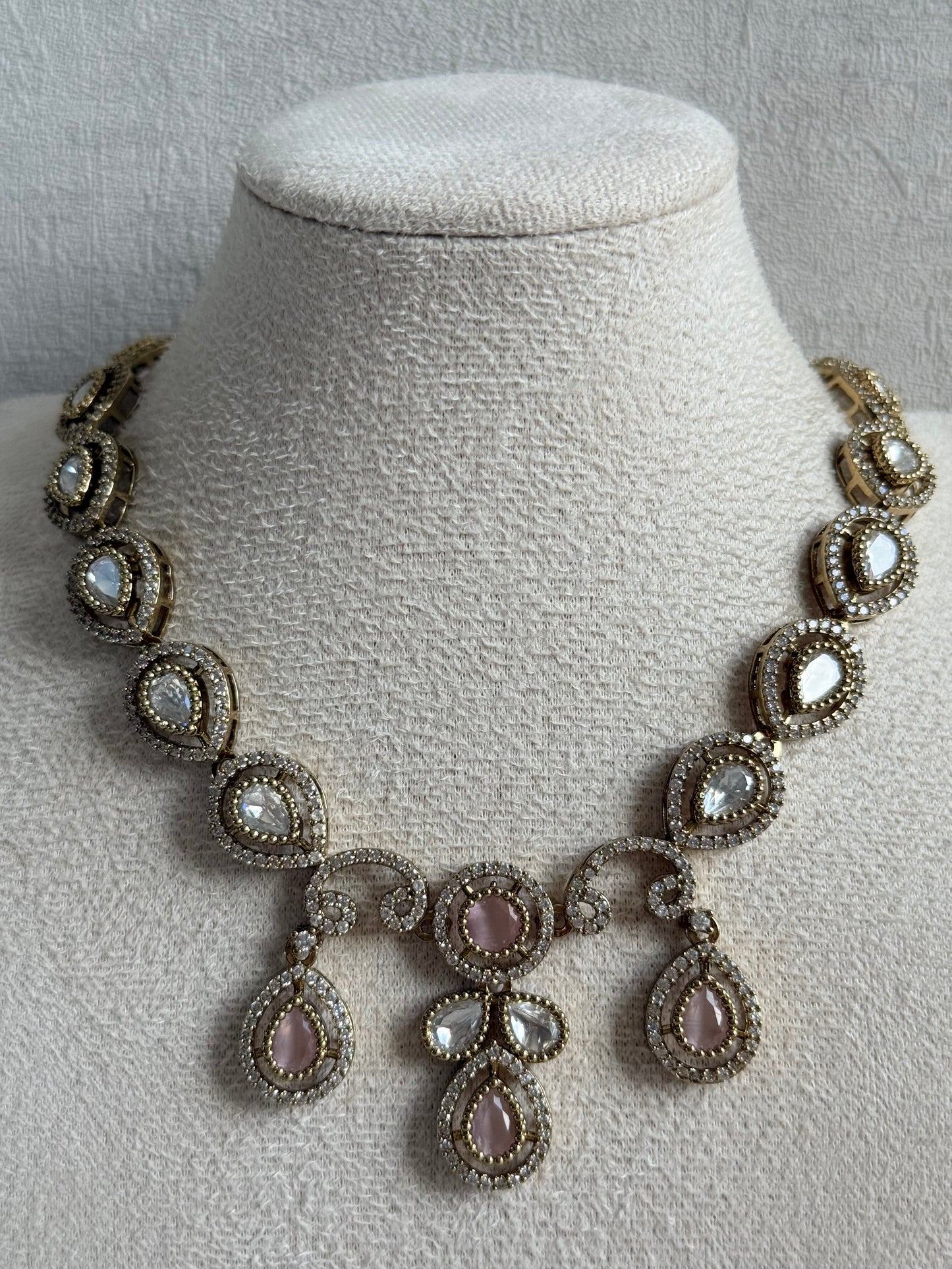 Ayura Designs Bianca Necklace Set with Earrings – Kundan, Blush Pink Stones, Crystals & Gold Finish