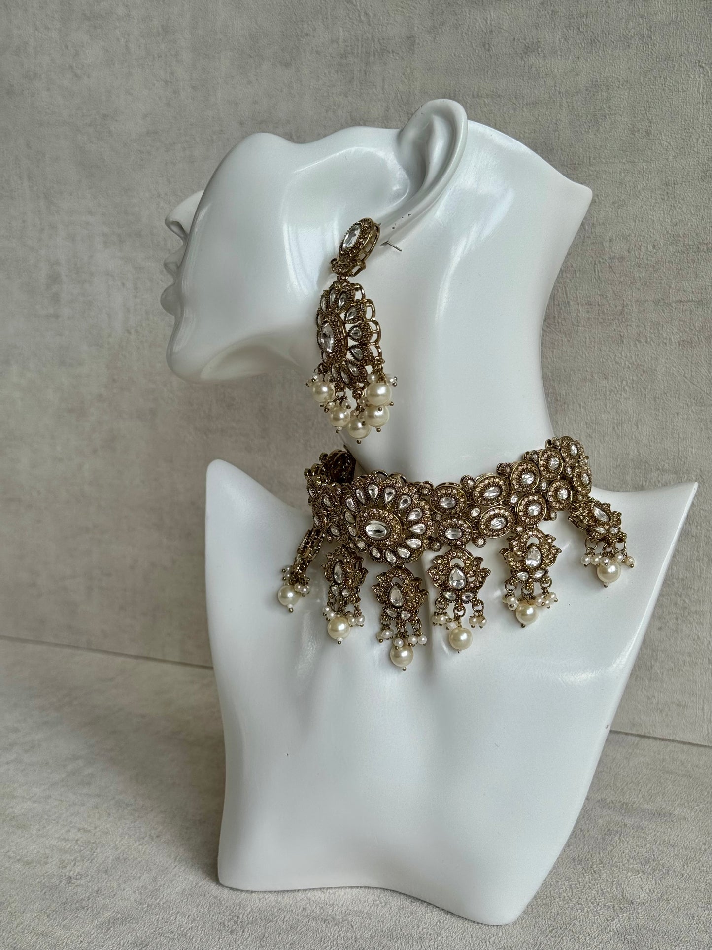 Ayura Designs Nevaya Set with Choker, Earrings & Tikka – Antique Gold with Mirror-Cut Stones & Pearl Drops