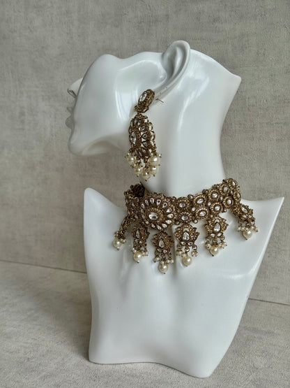 Ayura Designs Nevaya Set with Choker, Earrings & Tikka – Antique Gold with Mirror-Cut Stones & Pearl Drops