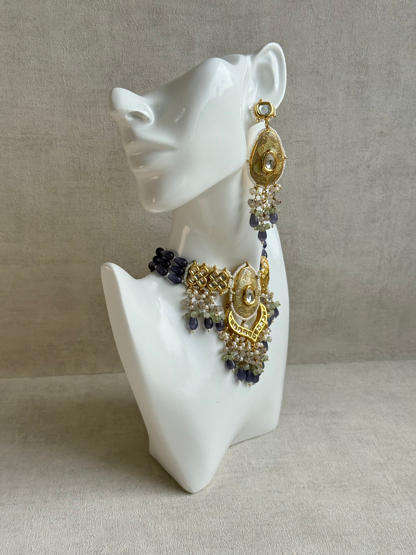Ayura Designs Zarwali Meenakari Kundan Choker Set with Earrings – Dusty Lavender & Pearl Bead Detailing