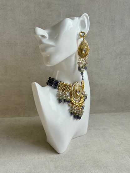 Ayura Designs Zarwali Meenakari Kundan Choker Set with Earrings – Dusty Lavender & Pearl Bead Detailing