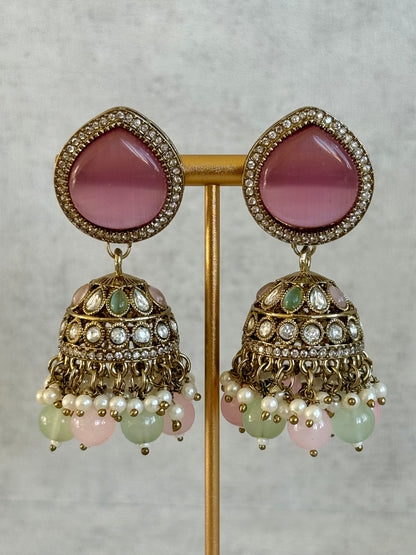 Ayura Designs Brielle Set – Necklace & Jhumkis with Mirror-Cut Stones in Berry Pink, Mint Green & Ivory