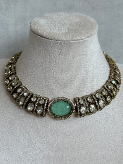 Ayura Designs Sadie Necklace Set with Earrings – Mint Green Centre Stone, Moissanite Style Stones & Crystal Halo Detailing