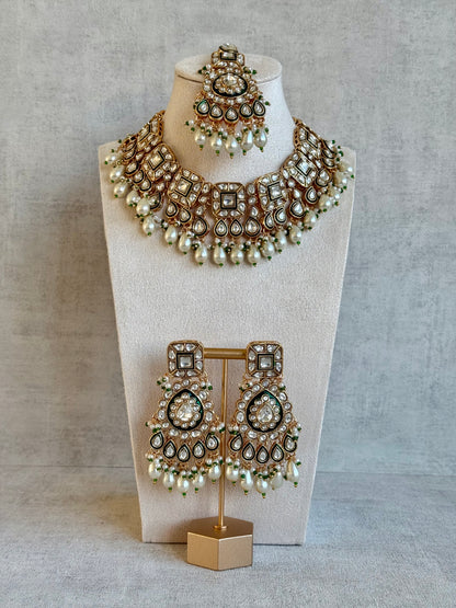 Ayura Designs Ishrat Set with Necklace, Earrings & Tikka – Kundan Detailing & Ivory Pearl Drops