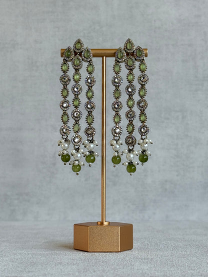 Ayura Designs Emilia Earrings – Gold Triple Strand Statement Earrings with Olive Green Stones & Pearl Drops