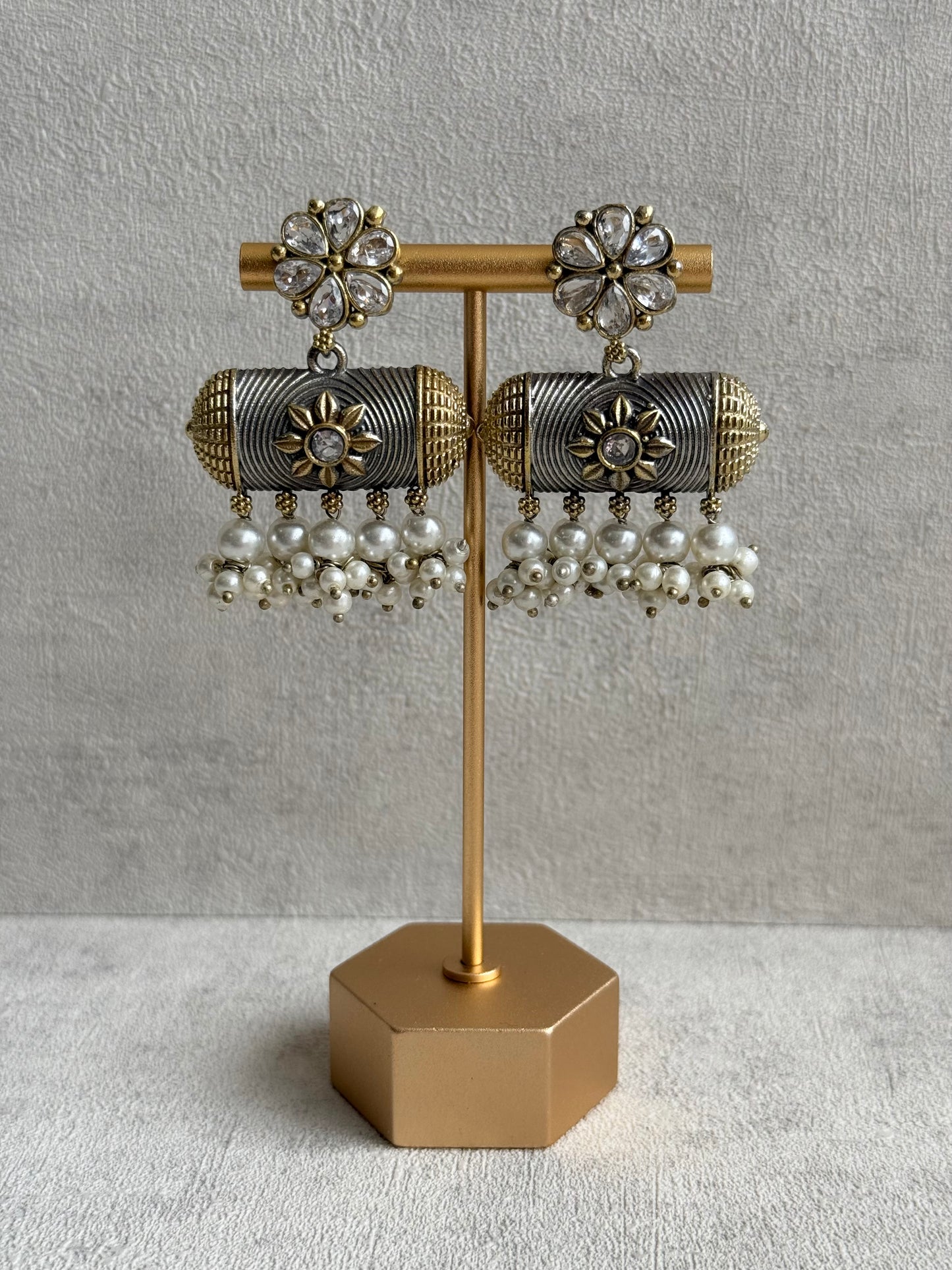 Ayura Designs Taal Necklace Set with Earrings & Tikka – Dual Tone Oxidised Mesh Necklace with Barrel Motifs & Pearl Detailing